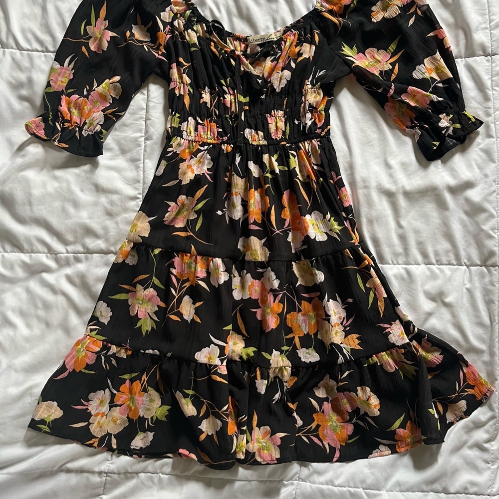 Floral Black Dress with Orange and Pink Accents